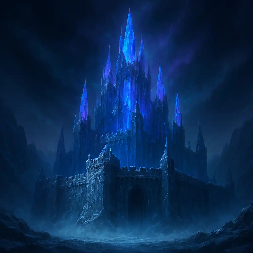 Crystalline ice fortress with glowing aurora lights, the Betarctica Casino hero illustration