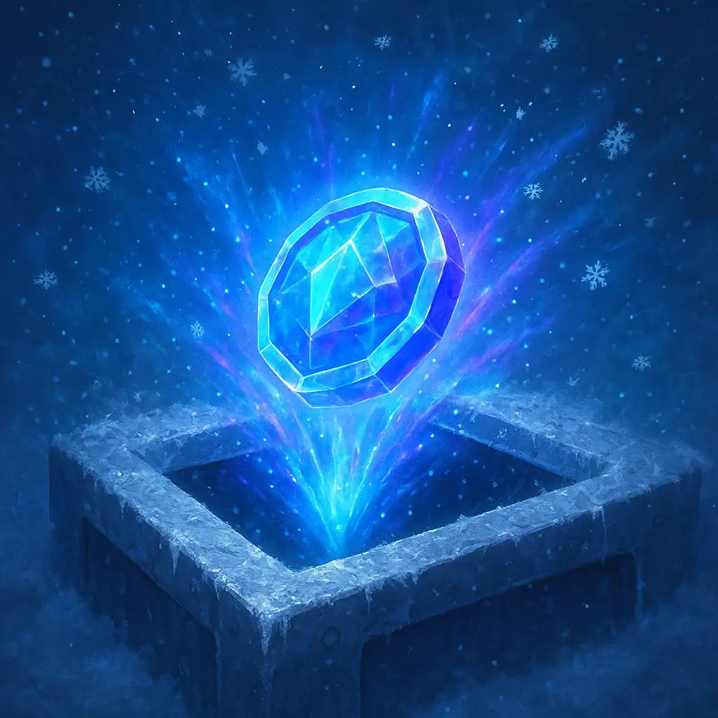 Crystal coin dropping into an icy vault representing a deposit